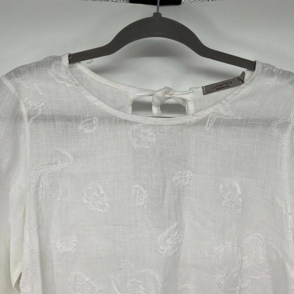 Luisa Perla Mini Dress Sz M White Embroidered Bell Sleeves Round Neck Keyhole - Picture 2 of 9